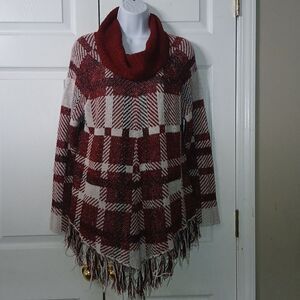 Red black white plaid cowl neck fringe poncho style sweater  Sz M EUC